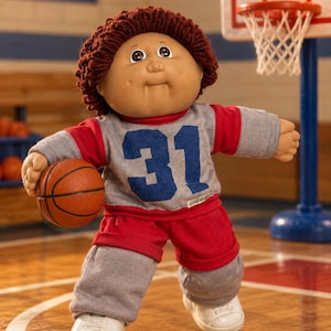 May include: A doll with brown yarn hair and a round face wearing a gray and red long-sleeve shirt with the number 31 printed in blue on the front, matching red and gray pants, and white shoes, while holding a small orange basketball.