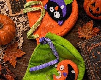 Vintage Handmade Felt Halloween Treat Bags – Cat & Pumpkin Candy Totes (Sequin Straps)