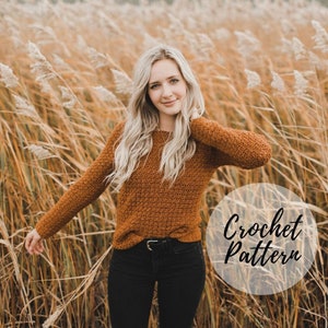 May include: A woman wearing a brown crochet sweater with long sleeves and black jeans. The sweater has a loose fit and a round neckline. The woman is standing in a field of tall grass. The text "Crochet Pattern" is superimposed on the image.
