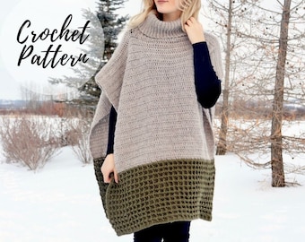 May include: Crochet pattern for a two-toned poncho with a turtleneck. The poncho is made with a beige yarn and a green yarn. The poncho is shown being worn by a person in a snowy outdoor setting.