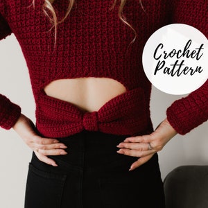 May include: A red crochet top with a cutout in the back and a bow tie detail. The text "Crochet Pattern" is written in a white circle.