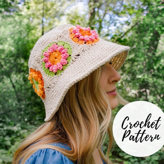 Handmade Crochet Knit Cotton Bucket Hat Floral Summer Accessory Crochet Sunflower Bucket Hat: Cream Cotton Boho Sun Hat  main image 2