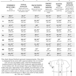 May include: Sizing chart for a shirt with measurements in inches and centimeters. The chart includes finished bust circumference, total length, back panel width, front panel width, sleeve circumference, and sleeve length. A schematic diagram of a shirt is also included.