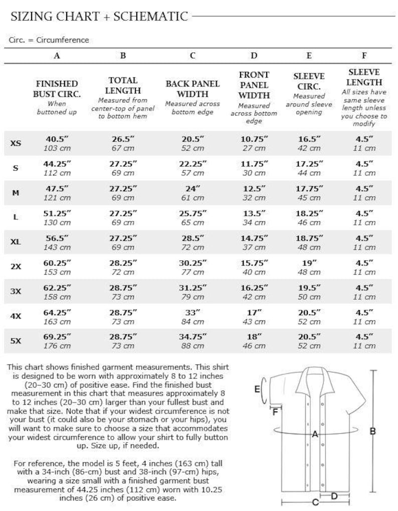 May include: Sizing chart for a shirt with measurements in inches and centimeters. The chart includes finished bust circumference, total length, back panel width, front panel width, sleeve circumference, and sleeve length. A schematic diagram of a shirt is also included.