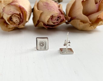 Silver Sun Earrings, Square Studs, Minimalist Stud Earrings, Earrings With Suns, Dainty Earrings, Sun Stamped, Small Studs, Made By Miss M