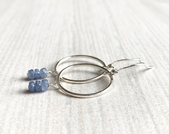 Silver Sapphire Earrings, Hoops With Stones, Open Circle Earrings, September Birthstone Earrings, Sapphire Hoops, Drop Hoops, Made By Miss M