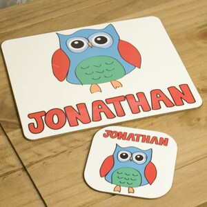 Personalised Children&#39;s Placemat and Coaster Set, owl gifts, personalised owl gift