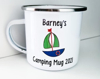 Personalised Enamel Mug - Boat, Gift for Kids, Camping Mug, Personalised Mug, Enamel Mug, Tin Mug, Boat Gift