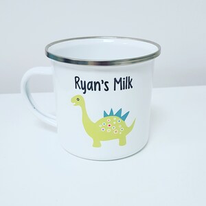 Personalised Enamel Mug - Dino, Gift for Kids, Camping Mug, Personalised Mug, Enamel Mug, Dinosaur Gift, Hot Chocolate Mug