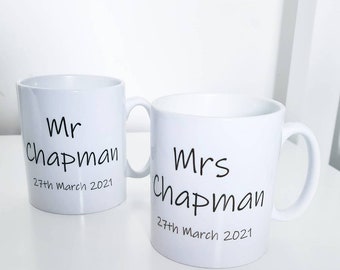 Mr and Mrs Wedding Mugs, Wedding Day Keepsake, Mr Mug, Mrs Mug, Wedding Gift for Couple, Personalised Wedding Gift, Wedding Date Gift