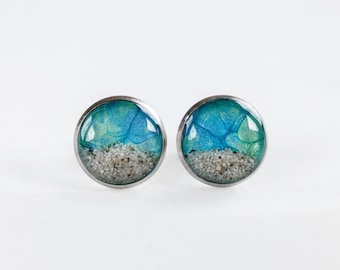 Real Sand Stud Earrings: Ocean Resin Coastal Jewelry