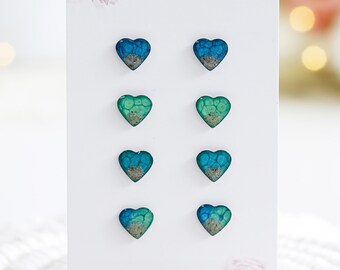 Handmade Mini Heart Stud Earrings: Real Sand & Blue Green Resin