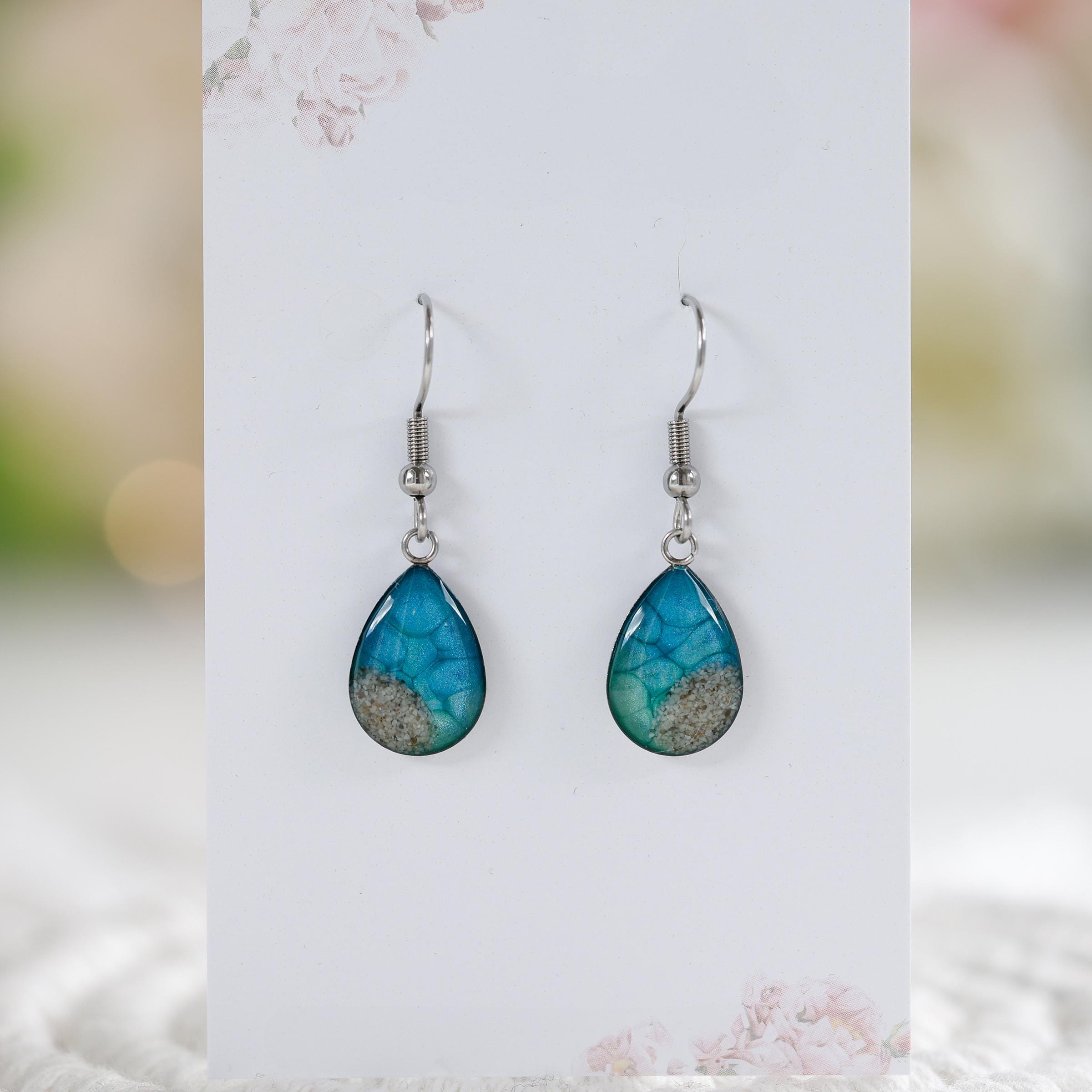 Teardrop Beach Earrings: Real Sand, Ocean Resin Dangle
