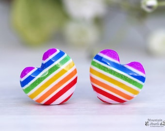 Rainbow Heart Studs, Striped Earrings rainbow, Hypoallergenic, Daughter Gift, Titanium Earrings, Lesbian Gift, Christmas gift, womans gift