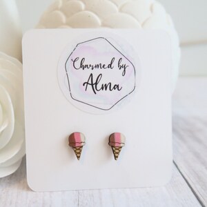 Ice Cream Cone Earrings, hypoallergenic stud, wood, summer, miniature, dollhouse, jewelry, wood earrings, seasonal, gift for teacher, cute