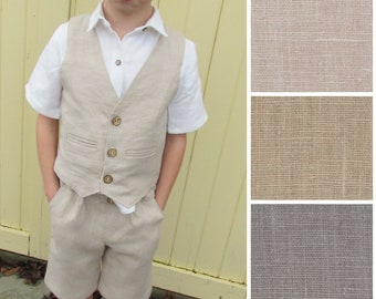 Boys Short Suit - Boys Linen Shorts Suit- Vest and Shorts - Toddler Shorts Suit - Boys Shorts - Ring Bearer Beach Wedding - Cream Grey Beige