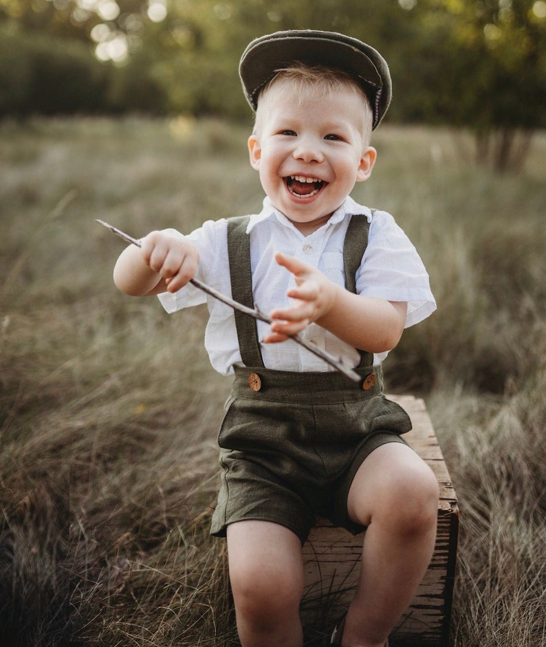 Boys Linen Suspender Shorts Toddler Boy Wedding Outfit Etsy