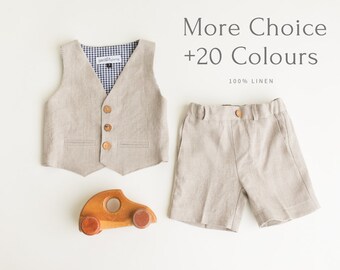 Boys Short Suit - Boys Linen Shorts Suit- Vest and Shorts - Toddler Shorts Suit - Boys Shorts - Ring Bearer Beach Wedding - Cream Grey Beige
