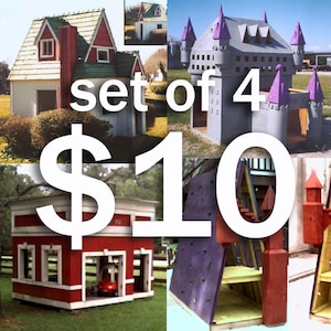 May include: Set of four wooden playhouses, including a red fire station, a purple and yellow climbing frame, a grey castle, and a red and green cottage. The playhouses are all different sizes and shapes, and they are all made of wood. The text "set of 4" and "$10" is visible in the image.