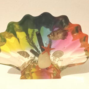 Puede incluir: Un plato decorativo en forma de concha, con un colorido degradado arcoíris. Contiene un pequeño pez, una estrella de mar, guijarros y conchas marinas. Un artículo decorativo único.