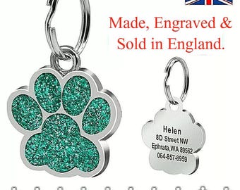 Free Engraving dog id / cat id name bling tag paw glitter personalised  dog cat pet id tags