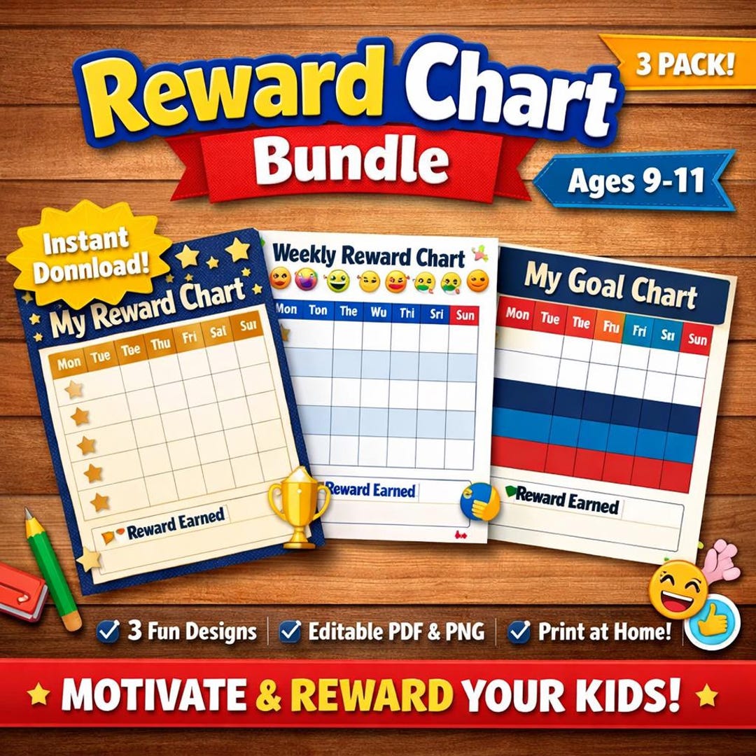 Printable Kids Reward Chart Bundle – 3 Fun Weekly Charts for Ages 9-11 ...