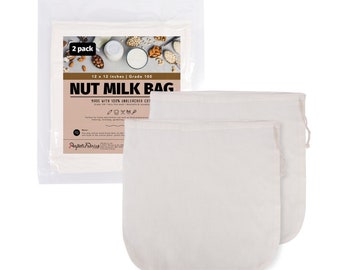 Set of 2 Natural Cotton Nut Milk Bag 12x12 - Reusable Unbleached Grade 100, Cloth Bag Drawstring Filter for Coffee, Juice, Vegan Milk