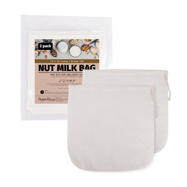 Set of 2 Natural Cotton Nut Milk Bag 12x12 - Reusable Unbleached Grade 100, Cloth Bag Drawstring Filter for Coffee, Juice, Vegan Milk