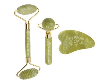 3-in-1 Custom Jade Gua Sha and Face Roller Set, Birth Flowers Design, Eye Roller Set, Face & Body Massage Treatment, Skin Tool for Face