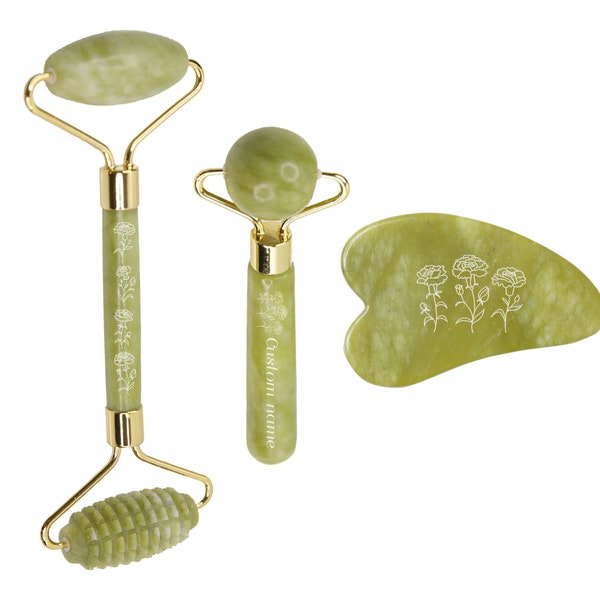 3-in-1 Custom Jade Gua Sha and Face Roller Set, Birth Flowers Design, Eye Roller Set, Face & Body Massage Treatment, Skin Tool for Face