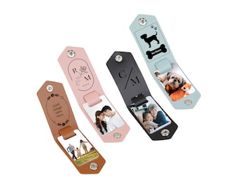 May include: Four different photo holders with personalized designs. The holders are made of leather and have a flap that opens to reveal a photo slot. The designs include a floral motif with initials, a monogram, a quote about good things taking time, and a silhouette of a dog with the text "Pet Mama".