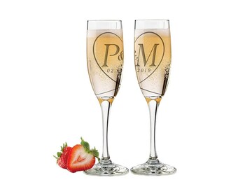 2Pcs Personalized 5.75oz Champagne Flute, Laser Engraved, Custom Champagne Glass for Wedding Toast, Quinceañera, Bar Mitzvah, Honeymoon