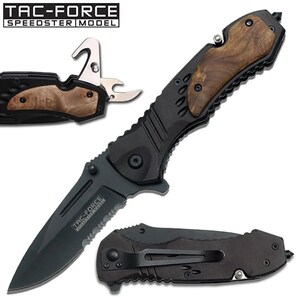 May include: A black folding knife with a wood handle and a serrated blade. The knife has a safety lock and a belt clip. The knife is open and the blade is visible. The knife is labeled "TAC-FORCE SPEEDSTER MODEL".