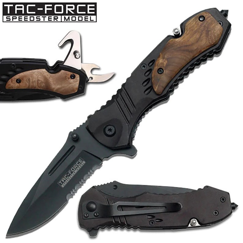 May include: A black folding knife with a wood handle and a serrated blade. The knife has a safety lock and a belt clip. The knife is open and the blade is visible. The knife is labeled "TAC-FORCE SPEEDSTER MODEL".