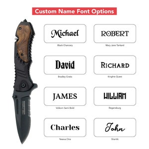 May include: A black folding knife with a wood handle. The image shows different font options for customizing the knife with a name. The font options include Black Chancery, Mary Jane Tankard, Bradley Gratis, Knights Quest, Volkorn Semi Bold, Regensburg, Yeseva One, and Shantik.