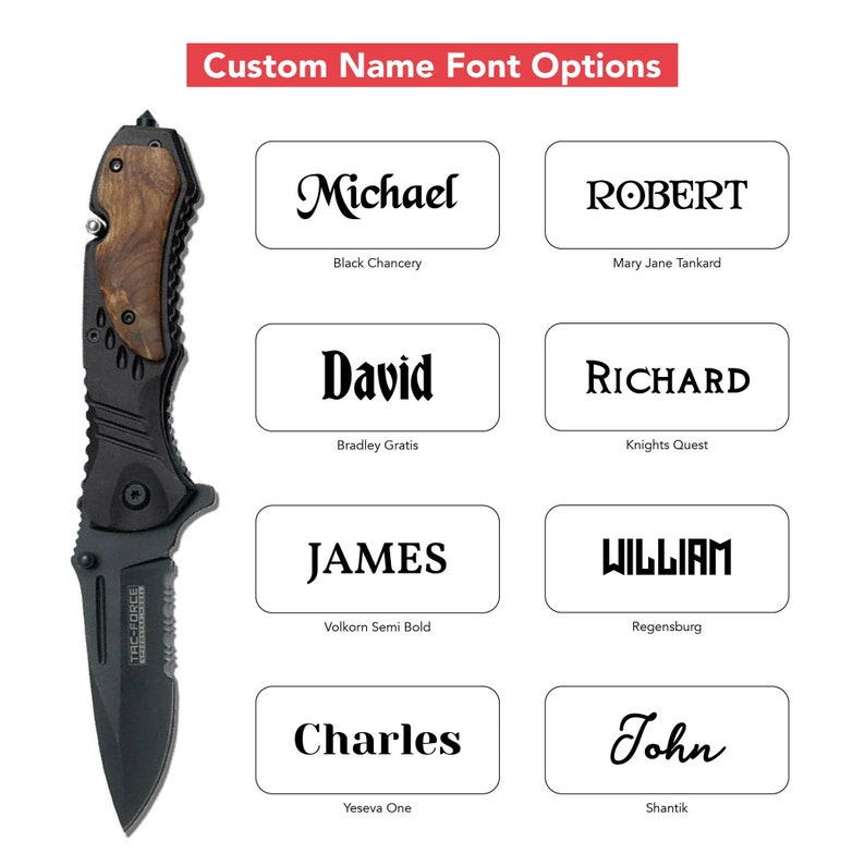 May include: A black folding knife with a wood handle. The image shows different font options for customizing the knife with a name. The font options include Black Chancery, Mary Jane Tankard, Bradley Gratis, Knights Quest, Volkorn Semi Bold, Regensburg, Yeseva One, and Shantik.