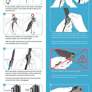 May include: Illustrated guide on how to open and close a pocket knife. The guide shows the steps involved in opening and closing the blade, including how to use the safety handle and liner lock. The guide also includes safety warnings.