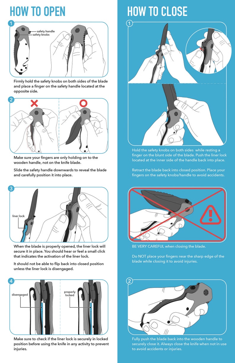 May include: Illustrated guide on how to open and close a pocket knife. The guide shows the steps involved in opening and closing the blade, including how to use the safety handle and liner lock. The guide also includes safety warnings.