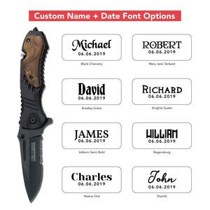 May include: A black folding knife with a wood handle. The image shows different font options for a custom name and date to be engraved on the knife. The fonts include Black Chancery, Mary Jane Tankard, Bradley Gratis, Knights Quest, Volkorn Semi Bold, Regensburg, Yeseva One, and Shantik.