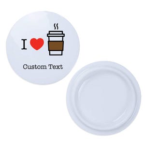 May include: White ceramic coaster with the text "I ♥ Coffee" and a coffee cup graphic. The heart is red, and the cup is brown with black accents. The words "Custom Text" are below the graphic.