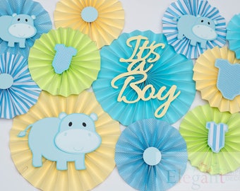 Hippo theme Paper Rosettes/Paper Fans/Pinwheel Backdrop/ paper pinwheels/ Baby boy birthday/  wedding decoration/ engagement party