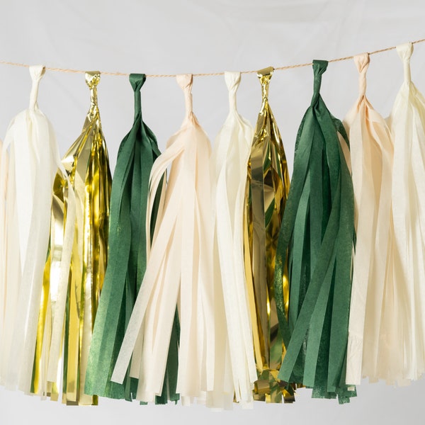 Evergreen ASSEMBLED Tassel Garland Kit - Emerald/ mylar gold/ ivory/ khaki Wedding Shower Tissue Paper Tassle Decor Balloon Tails