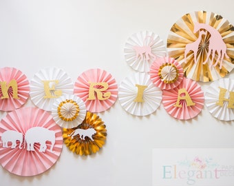 Jungle Pink and gold theme Pinwheel Backdrop/Paper Rosette backdrop/ elephant/ baby girl shower/ Giant paper Flowers/  paper fan backdrop