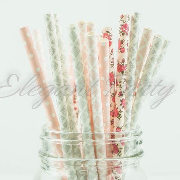 25 floral pink and silver straws/ pink denmask/ paper straws decoration /birthday decor/ tableware straw /poka dot paper straw/ chevron silv