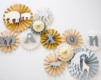 Jungle Neutral Pinwheel Backdrop/Paper Rosette backdrop/ elephant/Neutral colors/ baby shower/ Giant paper Flowers/  paper fan backdrop