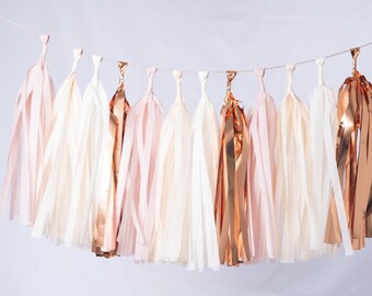 ASSEMBLED Tassel Garland Kit - Blush Pink & Gold - Champagne/ Ivory/ Nude/ Rose Pink/ Wedding Shower Tissue Paper Tassle Decor Balloon Tails