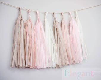 ASSEMBLED Tassel Garland - Neutral tassels - dusty pink/ sandstone/ blush and ivory/ Wedding Shower Tissue Paper Tassle Decor Balloon Tails