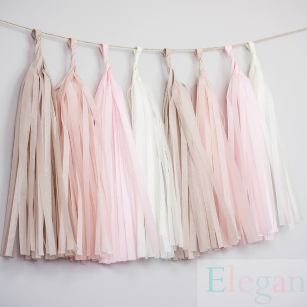 ASSEMBLED Tassel Garland - Neutral tassels - dusty pink/ sandstone/ blush and ivory/ Wedding Shower Tissue Paper Tassle Decor Balloon Tails