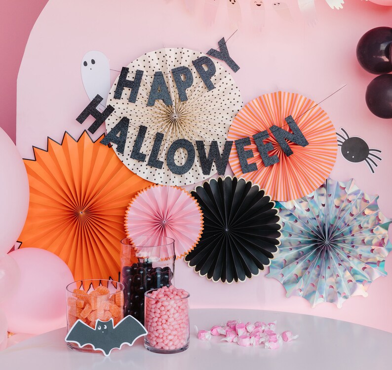 Happy Hungting/ Halloween Pinwheel Backdrop,Paper Rosette backdrop, paper fan backdrop image 4
