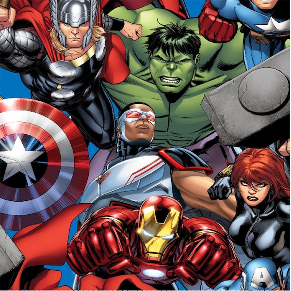 Marvel Avengers Cotton Fabric, Super Hero Fabric, Hulk, Thor, Captain America, Iron Man, Black Widow Fabric 100% Cotton Fabric by the Yard